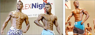  The top three finishers in the first Flex Night International Men’s Physique contest on Sunday. From left is Suriname’s Daes Burgzorg, Emmerson Campbell and Yannick Grimes.   