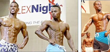  The top three finishers in the first Flex Night International Men’s Physique contest on Sunday. From left is Suriname’s Daes Burgzorg, Emmerson Campbell and Yannick Grimes.  

