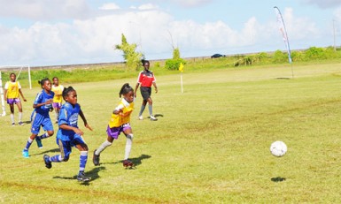Aliyah Elaine (left) of Enterprise Primary outsprinting her Tucville Primary marker to receive the ball during their side’s quarterfinal matchup. 