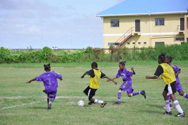 Aliyah Elaine (No.1) of Enterprise Primary in the process of challenging a St Stephens player for possession of the ball during their semi-final matchup. 