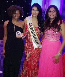 Caribbean queen: After being the only contestant from the Caribbean to be named in the top 10 of the competition, Miss Guyana World Rafieya Husain was crowned Miss World Caribbean which would see her being under official contract by the Miss World organisation. In this photograph Husain is flanked by franchise holder Natasha Martindale (left) and her mother Salena Khan. (Miss World photo) 