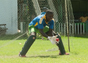 National wicket-keeper Anthony Bramble works hard on his catching during the team’s training session