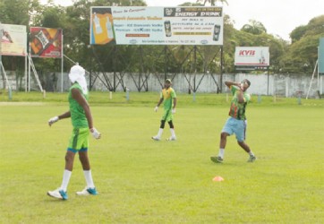 West Indies U19 and Guyana middle-order batsman Shimron Hetmyer takes a high catch during the Jaguars training session yesterday.