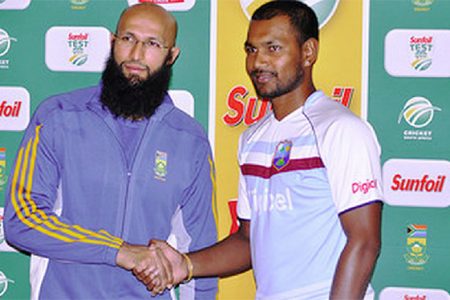 Captains Hashim Amla, left and Denesh Ramdin during the official three-match Test Series launch at the Sandton Sun in Johannesburg yesterday. WICB Media Photo/Philip Spooner