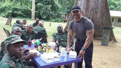 Hugh Ross bringing some cheer to some soldiers at Eteringbang on Guyana’s western border with Venezuela 