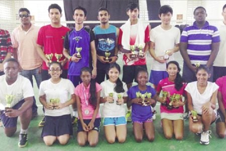 The prize winners following the completion of the annual Woodpecker Products badminton tournament which ended last Saturday at the Queen’s College courts.
