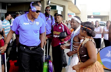 Qhama Africa dancers welcome West Indies bowler Sheldon Cottrell at Port Elizabeth Airport on Monday. (photo courtesy WICB media)