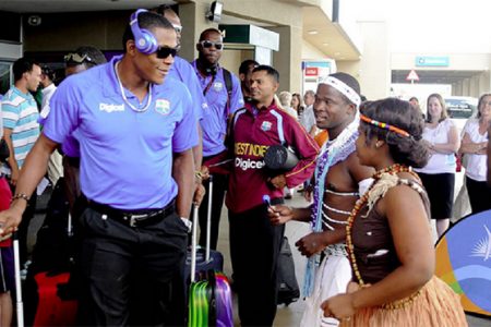 Qhama Africa dancers welcome West Indies bowler Sheldon Cottrell at Port Elizabeth Airport on Monday. (photo courtesy WICB media)