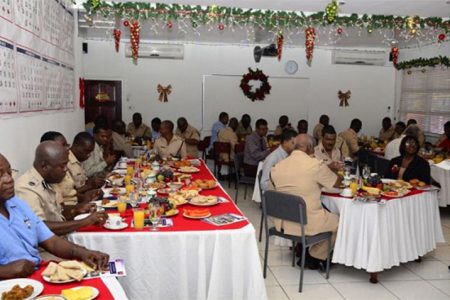 Members of the Joint Services at the annual Police Officers’ Christmas breakfast today at the office of Commissioner of Police Seelall Persaud. (GINA photo)