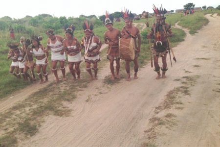 One of the cultural groups during their welcome dance to the participants of the second South Rupununi Safari (GINA photo)