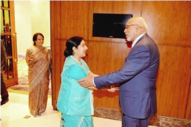 President Donald Ramotar meets Sushma Swaraj, Minister of External Affairs and Overseas Indian Affairs in Gujarat, India.  (Photo via GINA)   