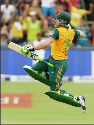 Fouth Africa’s  Faf du Plessis celebrates his century during the 2nd KFC T20 International match against the West Indies at Bidvest Wanderers Stadium yesterday in Cape Town, South Africa. (Photo by Duif du Toit/Gallo Images) 