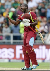 Darren Sammy of West Indies celebrates after hitting the winning runs during the 2nd KFC T20 International match against South Africa Indies at Bidvest Wanderers Stadium  yesterday in Cape Town, South Africa. (Photo by Duif du Toit/Gallo Images)
