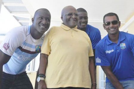 Archbishop Tutu with West Indies captains Darren Sammy, Jason Holder and Denesh Ramdin