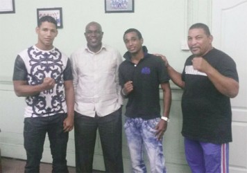 GBA’S president, Steve Ninvalle, (second from left) strikes a pose with Jacques Chinon (far right) and the two boxers Leonardo Mosquea (left) and Joseph Kesny. The three man delegation is visiting from French Guiana.