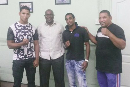 GBA’S president, Steve Ninvalle, (second from left) strikes a pose with Jacques Chinon (far right) and the two boxers Leonardo Mosquea (left) and Joseph Kesny. The three man delegation is visiting from French Guiana.
