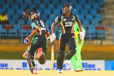 Royston Crandon and Shivnarine Chanderpaul secure victory in the first semi-final between Guyana Jaguars and the Jamaica Franchise in the NAGICO Super50 Tournament on Thursday, January 22, 2015, at Queen’s Park Oval. Photo by WICB Media/Ashley Allen