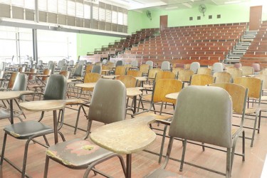 New semester: An empty lecture theatre yesterday as the UG staff’s sit-in commenced. (Photo by Arian Browne)