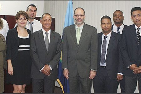 Ambassador Irwin LaRocque: Secretary General of the Caribbean Community is flanked by (from left to right)  Safiya Ali, General Counsel of the Caricom Secretariat; Viviane Tchung Ming, Head of the Department International Cooperation and European Affairs; Ambassador Colin Granderson, Assistant Secretary General of the Caricom Secretariat; Anne Mathieu, Representative of the Regional Council of French Guiana in Paramaribo for Suriname and Guyana; Le Fol Jérôme, Manager, Geographic Information System, French Guiana; Rodolphe Alexandre: President of the Regional Council of French Guiana; Rémy Louis Budoc, Regional Counsel in charge of International and Regional Cooperation and European Affairs; Wanley George, Special Counsel of the President and Member of the Cabinet; Madeleine Alex, Vice President, Chamber of Commerce and Industry; Neville Bissember,  Advisor, Office of the Secretary-General of the Caribbean Community.