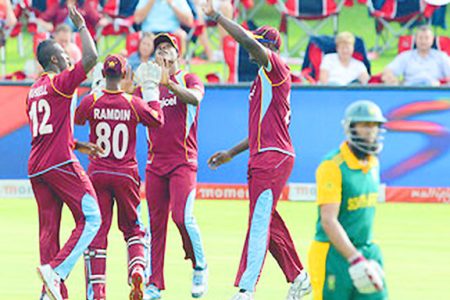 The West Indies had a few reason to celebrate yesterday. The dismissal of Faf Du Plessis above by Andre Russell being one of them. (Photo courtesy of WICB media)
