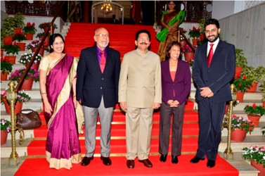 President Donald Ramotar (second from left) and First Lady Deolatchmee Ramotar (second from right) with Maharashtra’s Governor, Vidyasagar Rao (centre), and his wife Vinoda (left), and Bollywood actor Abhishek Bachchan. (GINA photo) 