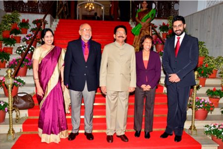 President Donald Ramotar (second from left) and First Lady Deolatchmee Ramotar (second from right) with Maharashtra’s Governor, Vidyasagar Rao (centre), and his wife Vinoda (left), and Bollywood actor Abhishek Bachchan. (GINA photo) 