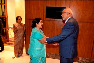 President Donald Ramotar meets Sushma Swaraj, Minister of External Affairs and Overseas Indian Affairs in Gujarat, India.  (Photo via GINA)