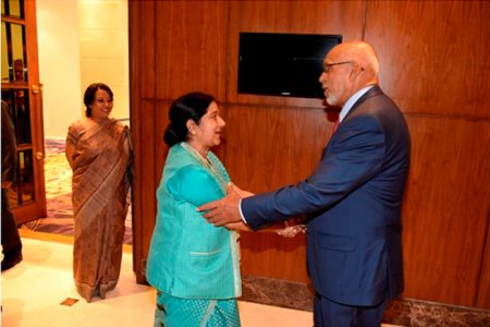President Donald Ramotar meets Sushma Swaraj, Minister of External Affairs and Overseas Indian Affairs in Gujarat, India.  (Photo via GINA)