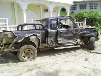 The badly damaged 1996 Ford which Mohan sideswiped yesterday. 