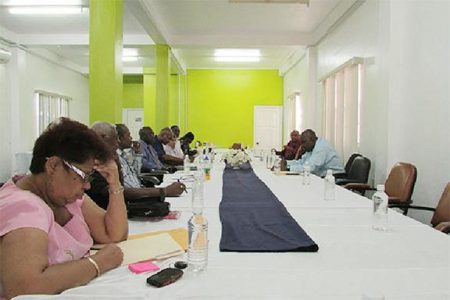 Chief Scrutineers and other political party representatives recently meeting with the Guyana Elections Commission (Gecom) to discuss the upcoming Claims and Objections period, set to commence on Monday. (Gecom photo)