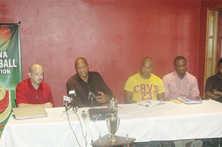 GABF President Nigel Hinds (2nd left) making a comment to the gathering at the launch of the Road to Mecca 2 championship while other members of the table inclusive of GABF Vice-President Michael Singh (1st left), GABA President Junior Hercules (4th left) Edison Jefford and National Coach Darcel Harris (5th left) look on
