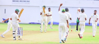 Closing in on victory! Carlton Baugh is adjudged lbw to Veerasammy Permaul by umpire Christopher Taylor on day three of the  fifth round match between Jamaica Franchise and Guyana Jaguars in the WICB Professional Cricket League Regional 4-Day Tournament on Sunday at  Sabina Park. (Photo courtesy of WICB media)