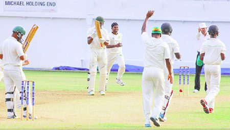Closing in on victory! Carlton Baugh is adjudged lbw to Veerasammy Permaul by umpire Christopher Taylor on day three of the  fifth round match between Jamaica Franchise and Guyana Jaguars in the WICB Professional Cricket League Regional 4-Day Tournament on Sunday at  Sabina Park. (Photo courtesy of WICB media)