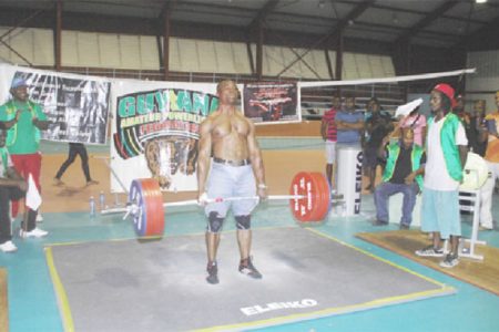 Randolph ‘The Accomplisher’ Morgan dead lifting 701 pounds (raw) on Sunday at the National Gymnasium. (Orlando Charles photo)
