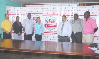 Sponsors and executives of the GCB/WICB Scotia Bank Kiddies Cricket programme yesterday at the launching.