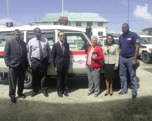(From left to right) Kashir Khan, Japanese Consulate General to Guyana, Teni Housty, Chairman of the Guyana Red Cross Society, Takaaki Kato, First Secretary to the Japanese Embassy, Dorothy Fraser, Director General of the GRCS, Deborah Yaw, Head of the Multilateral and Global Affairs of the Guyana Foreign Affairs Ministry and Devaughn Lewis, First Aid Coordinator of the GRCS, following the handing over of the new ambulance from the Japanese government to the GRCS. 
