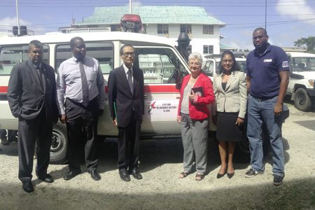 (From left to right) Kashir Khan, Japanese Consulate General to Guyana, Teni Housty, Chairman of the Guyana Red Cross Society, Takaaki Kato, First Secretary to the Japanese Embassy, Dorothy Fraser, Director General of the GRCS, Deborah Yaw, Head of the Multilateral and Global Affairs of the Guyana Foreign Affairs Ministry and Devaughn Lewis, First Aid Coordinator of the GRCS, following the handing over of the new ambulance from the Japanese government to the GRCS.
