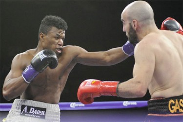 Simeon Hardy and Vito Gasparyan going at it during their Boxcino 2015 fight on Friday night. 