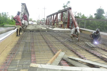 Rehabilitation work on the old Mahaica Bridge commenced last September. (Ministry of Public Works photo)