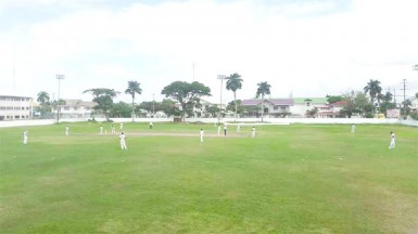 Action between U15 champs Demerara and President’s XI yesterday at DCC 