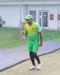 PCL leading wicket-taker Veerasammy Permaul prepares to bowl during the Guyana Jaguars training session at the Kensington Oval Ground, Barbados yesterday 