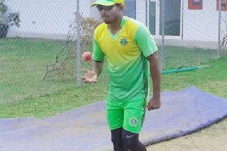 PCL leading wicket-taker Veerasammy Permaul prepares to bowl during the Guyana Jaguars training session at the Kensington Oval Ground, Barbados yesterday 
