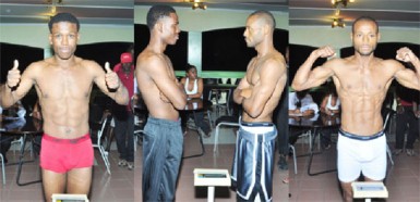 Ripped and Ready! Clive Atwell (left) and Sakima Mullings pose for the cameras during last night’s weigh in at the Regency Suites. (Orlando Charles photo)  