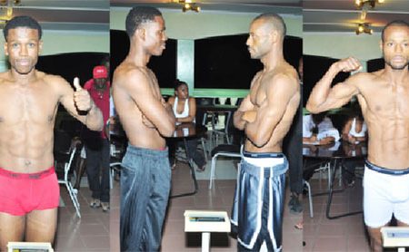 Ripped and Ready! Clive Atwell (left) and Sakima Mullings pose for the cameras during last night’s weigh in at the Regency Suites. (Orlando Charles photo)
