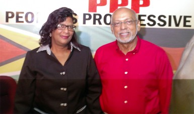 Running mates: PPP/C prime ministerial and presidential candidates, Elisabeth Harper (left) and Donald Ramotar, respectively, pose for the media after the announcement of Harper’s selection. 