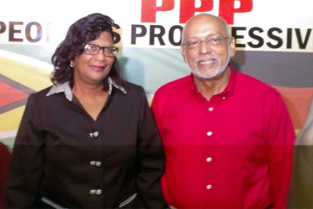 Running mates: PPP/C prime ministerial and presidential candidates, Elisabeth Harper (left) and Donald Ramotar, respectively, pose for the media after the announcement of Harper’s selection. 