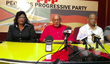 Elisabeth Harper (left) was yesterday announced as the prime ministerial candidate for the PPP/C at the upcoming May 11 general elections. President Donald Ramotar (centre) and PPP General Secretary Clement Rohee (right) made the announcement at a press conference at Freedom House.  
