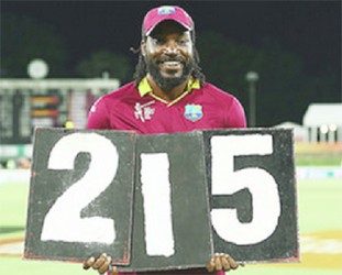 Chris Gayle acknowledges the crowd after posting his maiden ODI double century. (Photo courtesy WICB Media) 