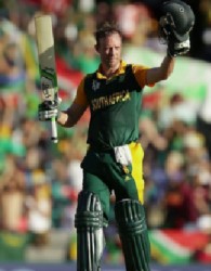 South Africa’s AB De Villers celebrates reaching three figures yesterday on the way to his record breaking knock of 162 not out. 