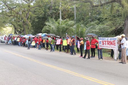 University of Guyana protesters outside of the Office of the President yesterday.